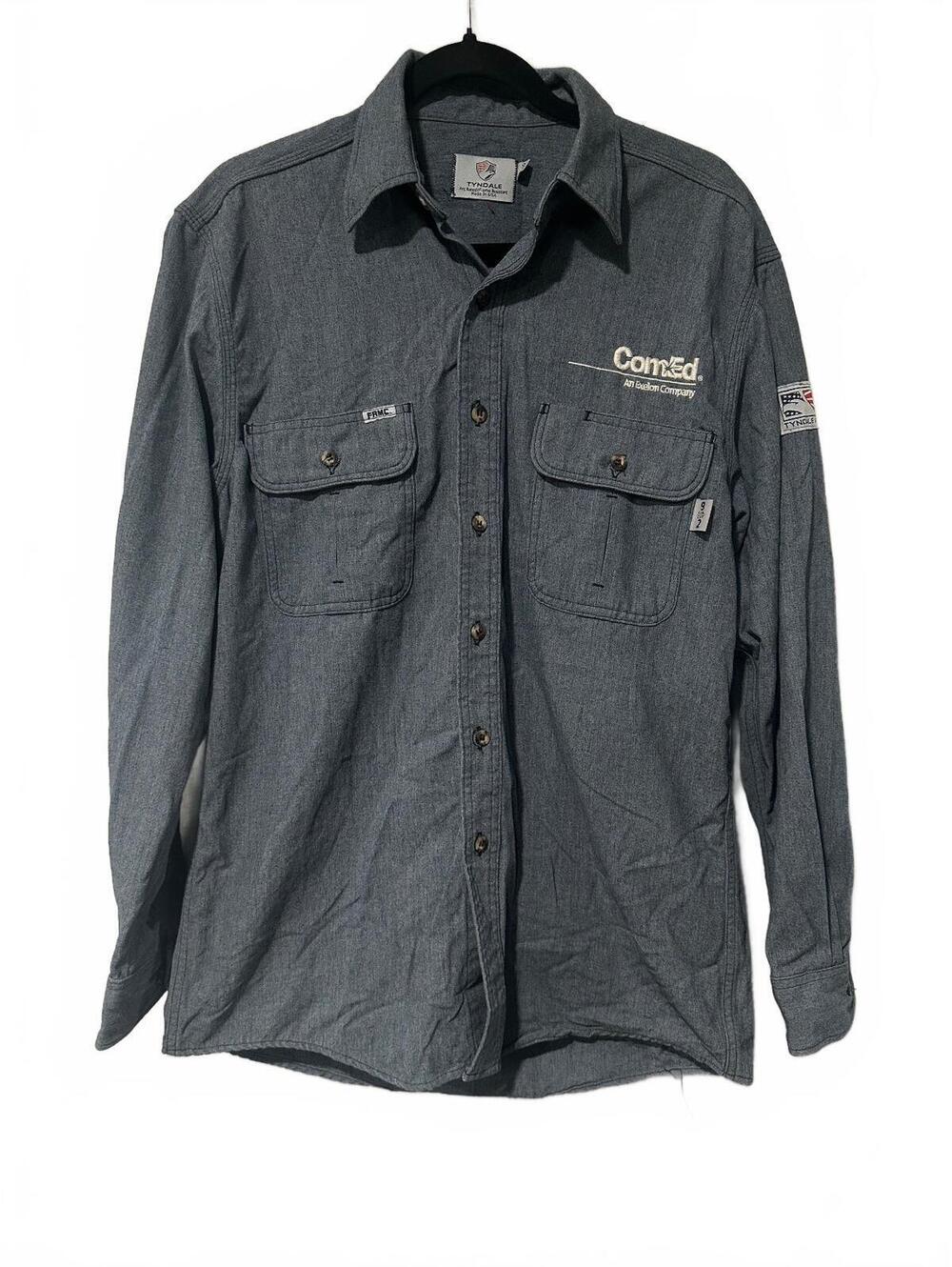 Fire Resistant Tyndale FRMC grayish blue long sleeve button up work shirt
